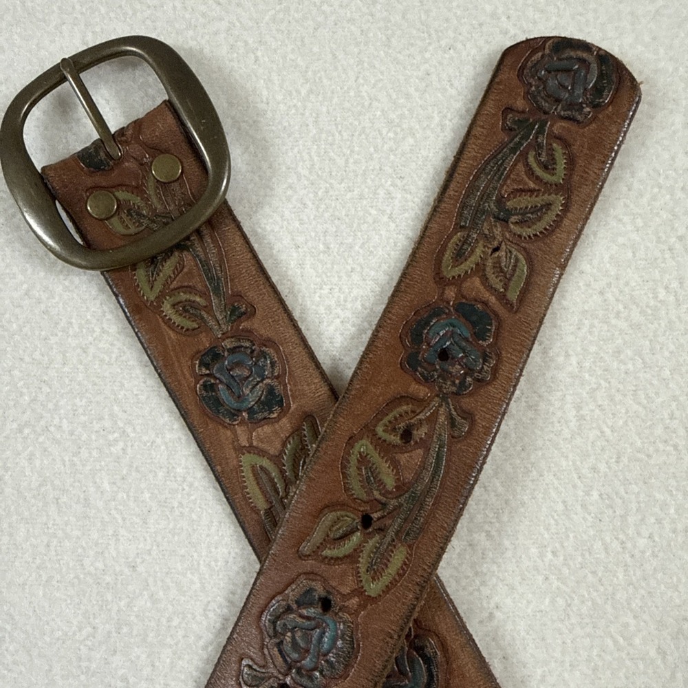 Y2K Vtg Leather Belt Abercrombie Tooled Floral Western Boho 39" READ Added Hole
